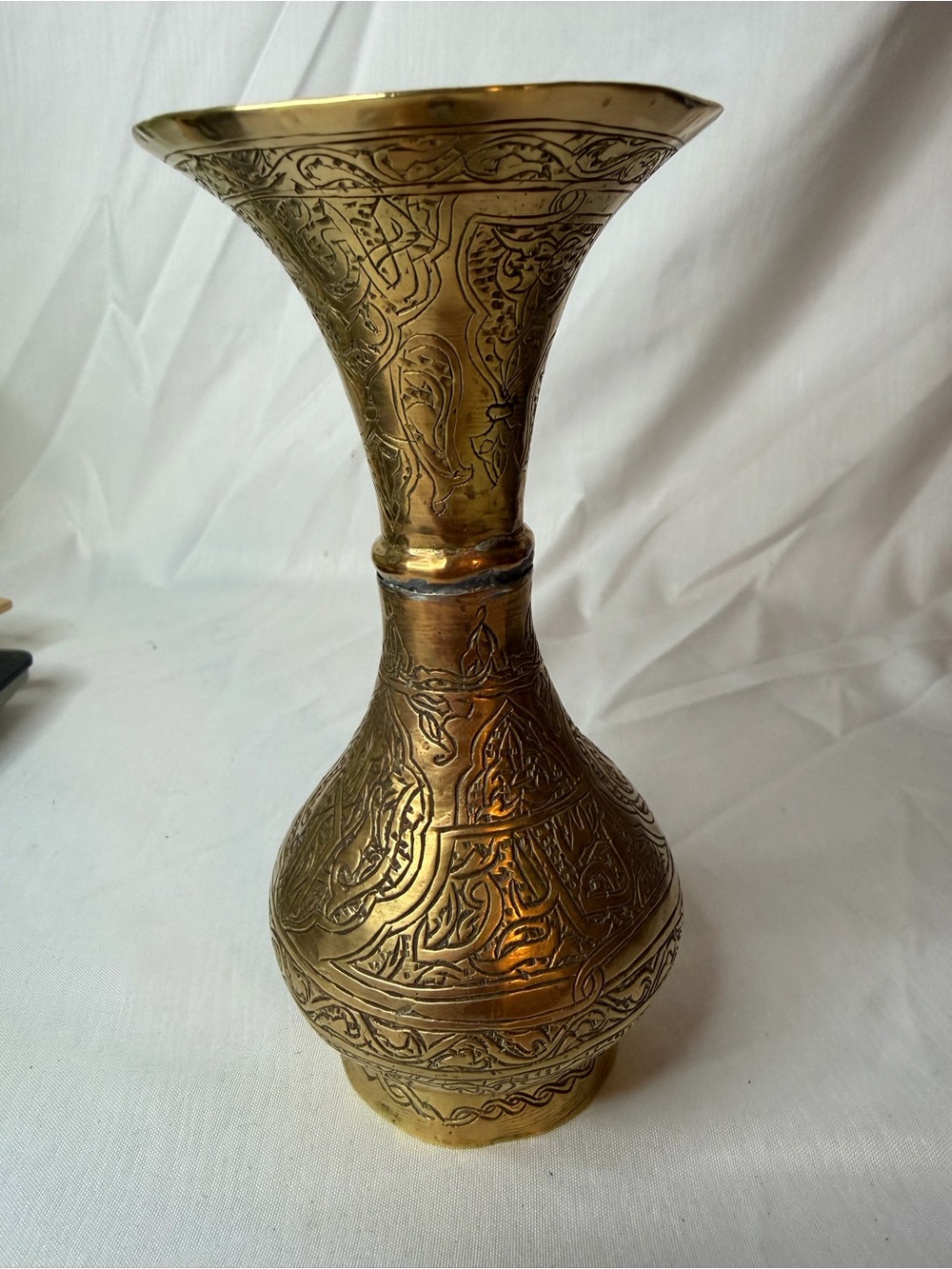 Vintage Etched Brass Trumpet Vase – Middle Eastern Floral & Calligraphy Style - Picture 5 of 9